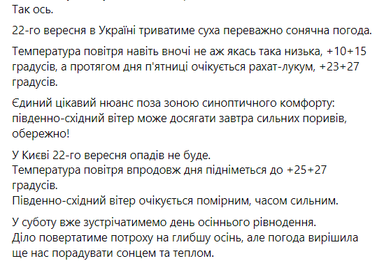 Прогноз погоди від Діденко на 22 вересня