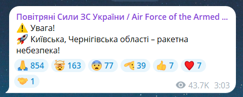 Скриншот сообщения из телеграмм-канала "Воздушные силы ВС Украины"