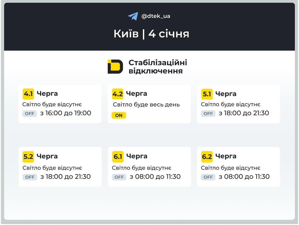 Графіки відключень світла в Києві 4 січня