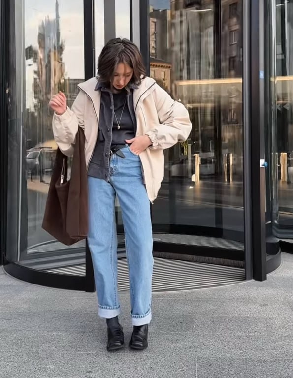 Джинсы можно дополнить лоферами, которые модны в 2025