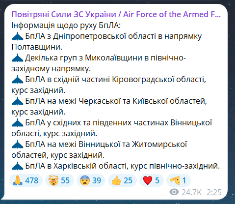 Скриншот повідомлення з телеграм-каналу "Повітряні сили ЗС України"