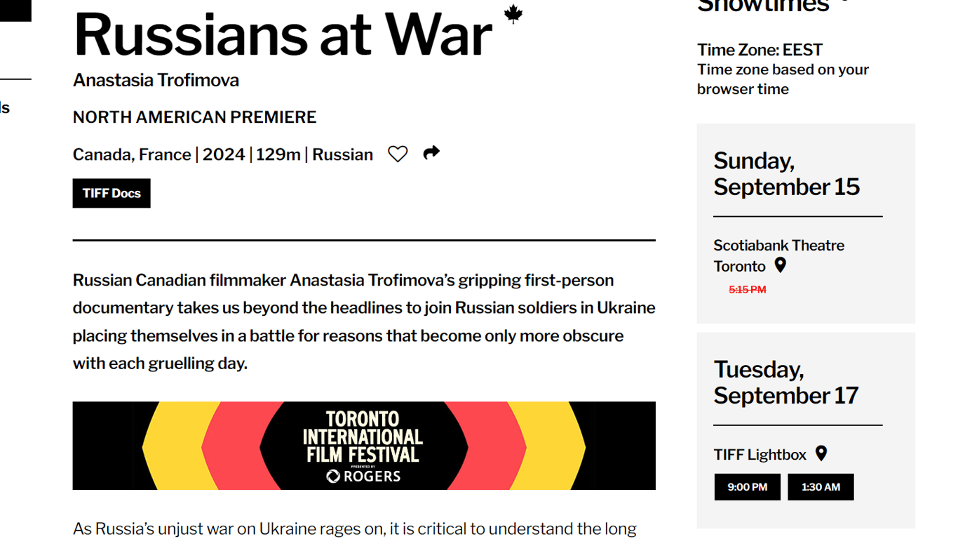 Расписание сеансов фильма "Русские на войне". Фото: tiff.net