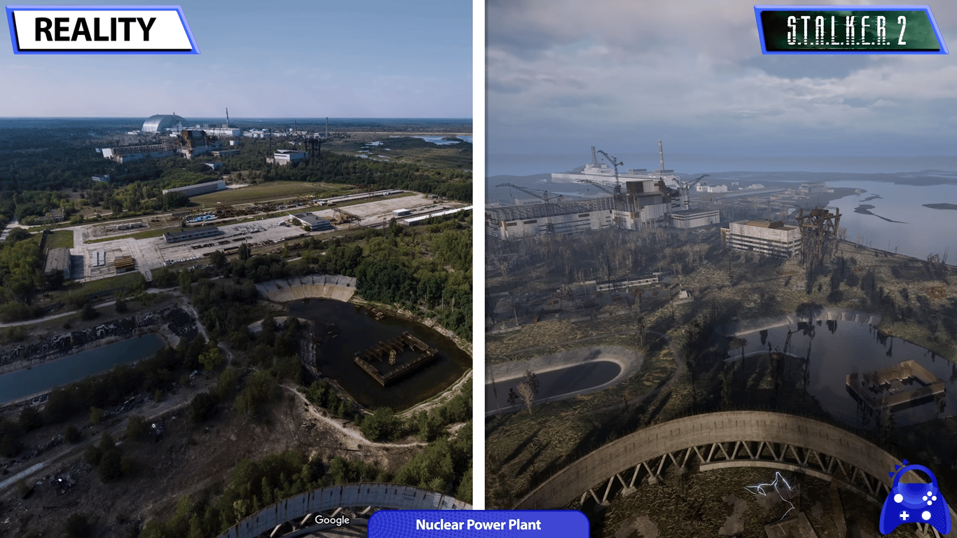 Сравнение вида с градирни вблизи ЧАЭС в игре STALKER 2 и в реальности
