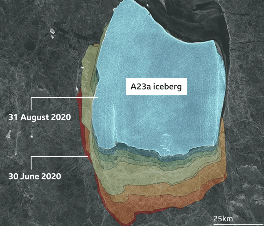 Изображение дрейфа айсберга А23а в Антарктике