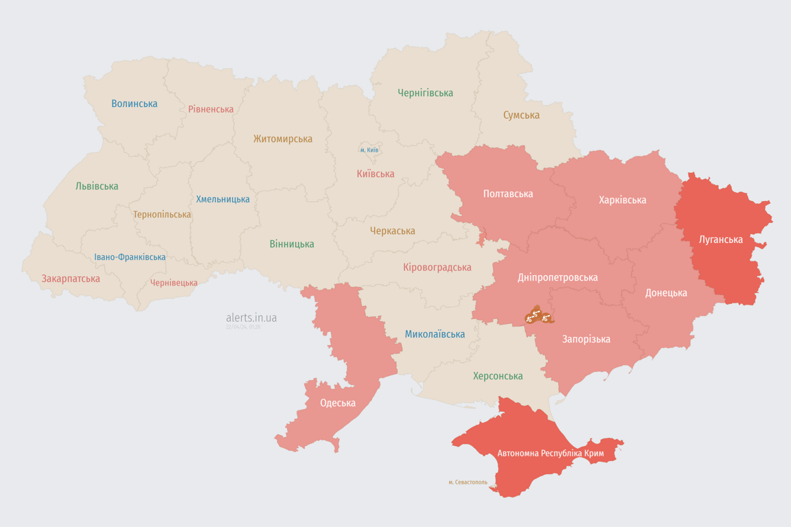 Мапа повітряної тривоги в Україні сьогодні, 22 квітня