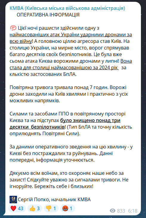 Подробиці атаки на Київ вночі 31 липня від КМВА