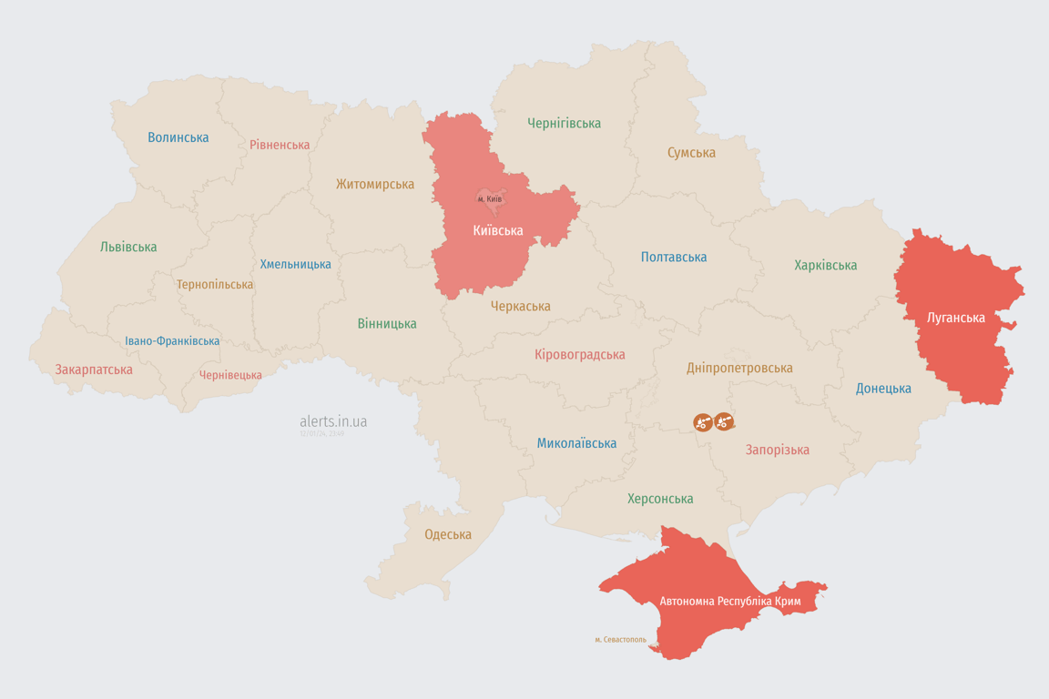 Карта воздушных тревог в Украине сегодня, 12 января