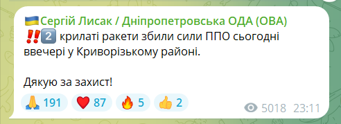 Скриншот сообщения из телеграмм-канала руководителя Днепропетровской ОВА Сергея Лысака