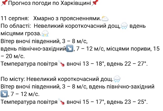 Прогноз погоди на Харківщині 11 серпня