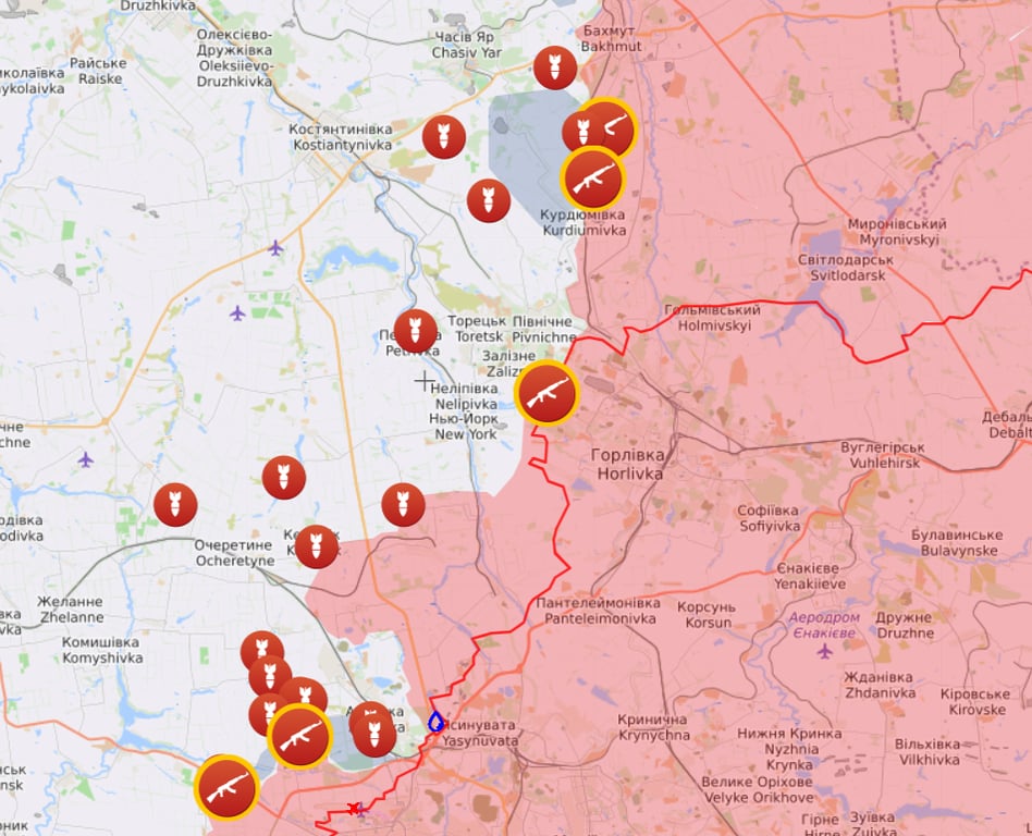 Карта боевых действий на Бахмутском и Авдеевском направлениях от Liveuamap