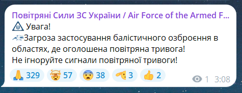 Скриншот повідомлення з телеграм-каналу "Повітряні сили ЗС України"