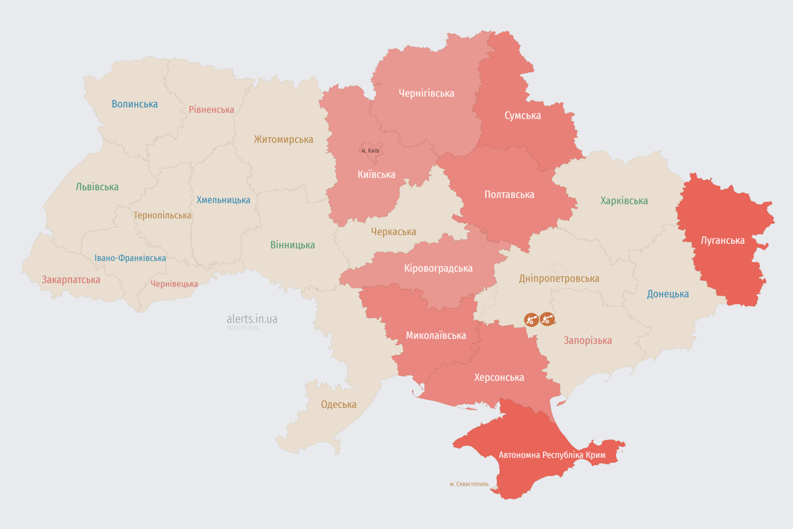 Мапа повітряних тривог в Україні сьогодні, 15 грудня