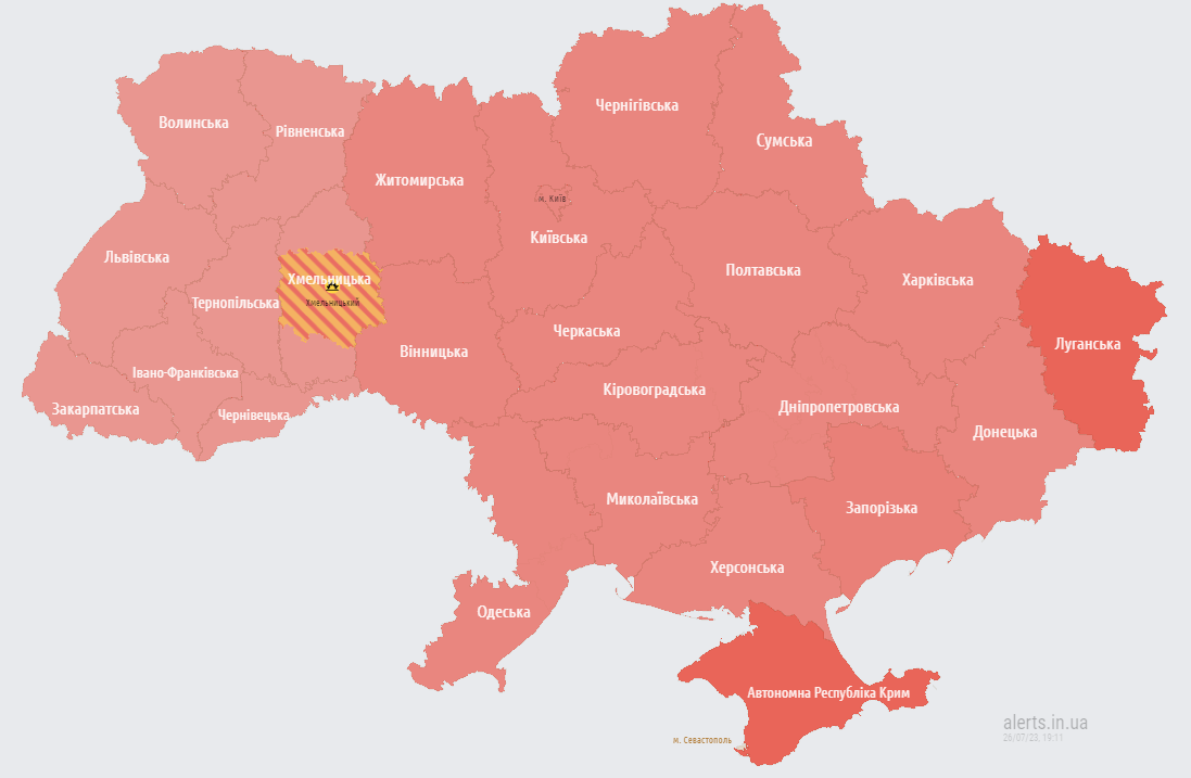 Карта воздушных тревог 26 июля. Фото: alerts.in.ua