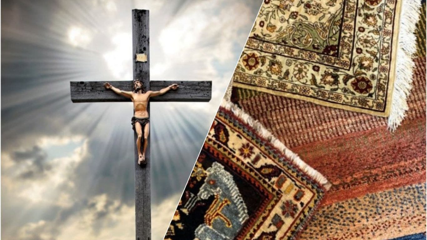 В Одессе на территории храма Московского Патриархата на крест повесили ковры