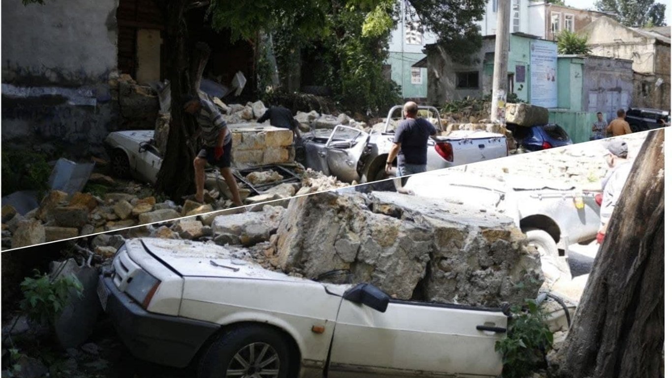 В Одессе обрушилась стена дома - под завалами оказались три машины