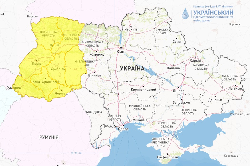 Мапа небезпечних погодних явищ в Україні